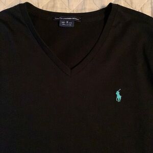 Ralph Lauren Sport v-neck t-shirt, S, black with aqua/teal logo, 100% cotton